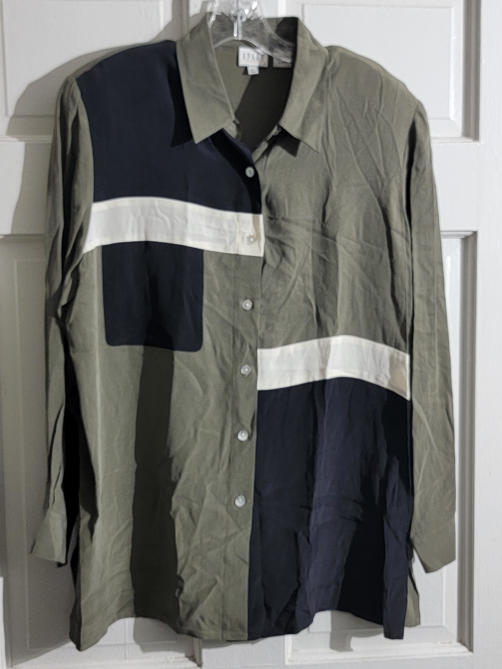 LILA Olivine Colorblock Button-Down Blouse - Olive, Black & White